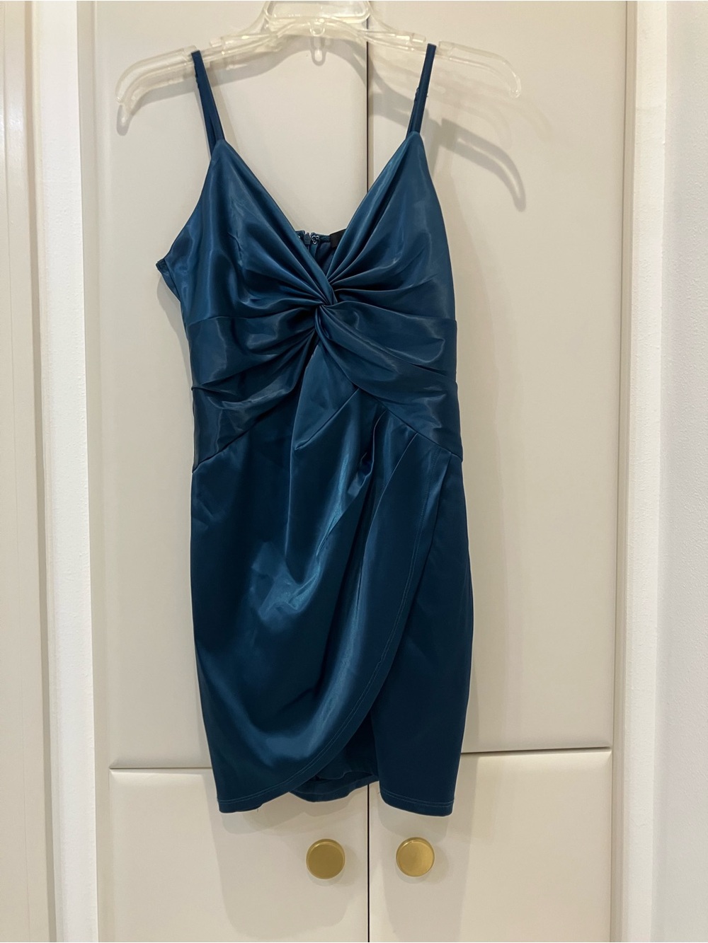 Lulu's Teal Satin Twist-Front Mini Dress